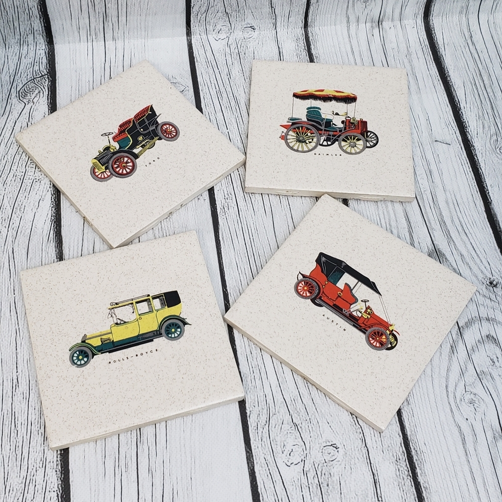 4 Decorative Vintage 4.25” Antique Car Automobile Ceramic Tile Set